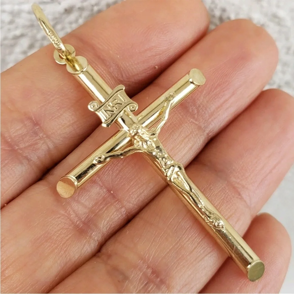 Real 10k Yellow Gold INRI Jesus Crucifix tube Cross Pendant 2.15 inches long